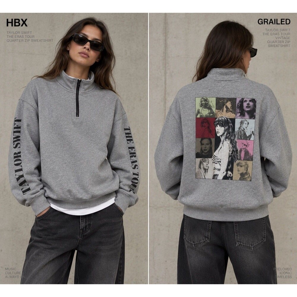 Taylor Swift The Eras Tour Gray Quarter Zip Sweatshirt XL Oversized Graphic